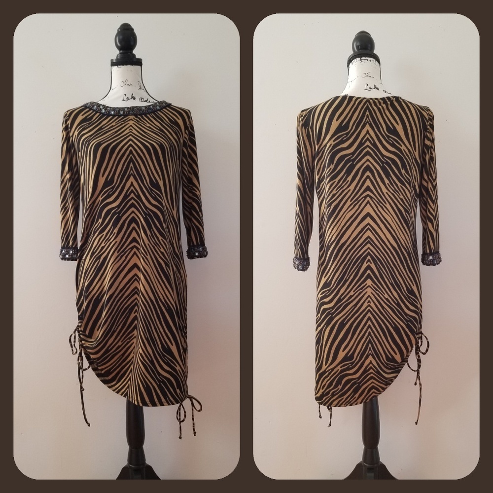 Randolph Duke Animal Print Long-sleeve Bejeweled Dress, Size S
